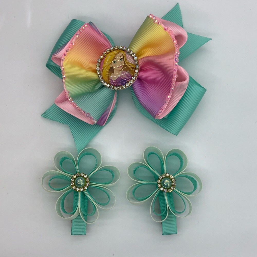 Rainbow Pastel Bow and Teal Flower Hair Clip Set of three for Kids